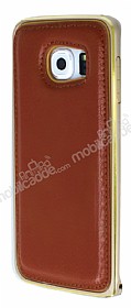 Eiroo Samsung Galaxy S6 Edge Metal Kenarl Gold Deri Klf