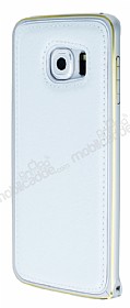 Eiroo Samsung Galaxy S6 Edge Metal Kenarl Beyaz Deri Klf