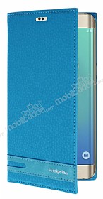 Samsung Galaxy S6 Edge Plus Gizli Mknatsl Yan Kapakl Mavi Deri Klf