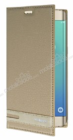 Samsung Galaxy S6 Edge Plus Gizli Mknatsl Yan Kapakl Gold Deri Klf