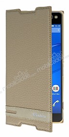 Sony Xperia C5 Ultra Gizli Mknatsl Yan Kapakl Gold Deri Klf