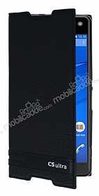 Sony Xperia C5 Ultra Gizli Mknatsl Yan Kapakl Siyah Deri Klf
