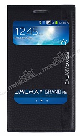 Samsung Galaxy Grand Gizli Mknatsl ift Pencereli Siyah Deri Klf