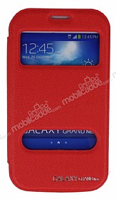 Eiroo Samsung Galaxy Grand Vantuzlu ift Pencereli Krmz Deri Klf