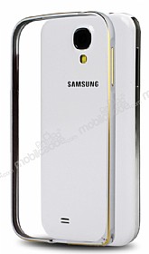 Eiroo Samsung i9500 Galaxy S4 Gold izgili Round Metal Bumper ereve Silver Klf