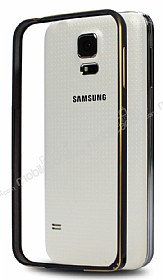 Eiroo Samsung i9600 Galaxy S5 Gold izgili Round Metal Bumper ereve Siyah Klf