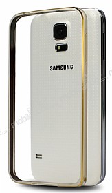 Eiroo Samsung i9600 Galaxy S5 Gold izgili Round Metal Bumper ereve Gold Klf