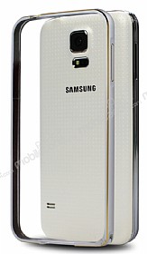 Eiroo Samsung i9600 Galaxy S5 Gold izgili Round Metal Bumper ereve Silver Klf