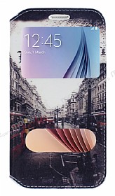 Samsung i9800 Galaxy S6 Gizli Mknatsl Pencereli London Deri Klf