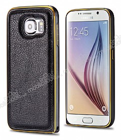 Eiroo Samsung i9800 Galaxy S6 Metal Kenarl Siyah Deri Klf