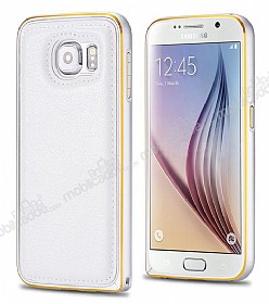 Eiroo Samsung i9800 Galaxy S6 Metal Kenarl Beyaz Deri Klf