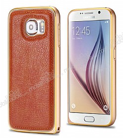 Eiroo Samsung i9800 Galaxy S6 Metal Kenarl Gold Deri Klf