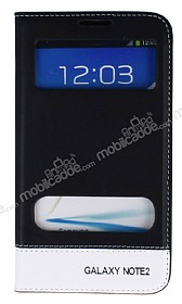 Samsung N7100 Galaxy Note 2 Gizli Mknatsl ift Pencereli Siyah Deri Klf