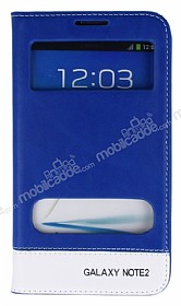 Samsung N7100 Galaxy Note 2 Gizli Mknatsl ift Pencereli Mavi Deri Klf