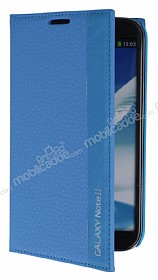 Samsung N7100 Galaxy Note 2 Gizli Mknatsl nce Yan Kapakl Mavi Deri Klf