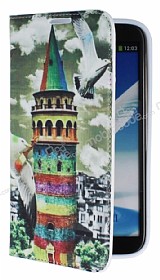 Samsung N7100 Galaxy Note 2 Renkli Galata Kulesi Gizli Mknatsl Standl Deri Klf