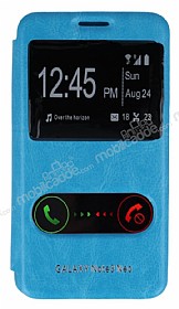 Eiroo Samsung N7500 Galaxy Note 3 Neo Vantuzlu ift Pencereli Mavi Deri Klf