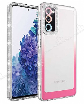 Eiroo Shimmer Samsung Galaxy S20 FE Kamera Korumal Beyaz-Pembe Silikon Klf