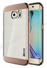Eiroo Slicoo Samsung Galaxy S6 Edge Rose Gold Metalik Kenarl effaf Silikon Klf