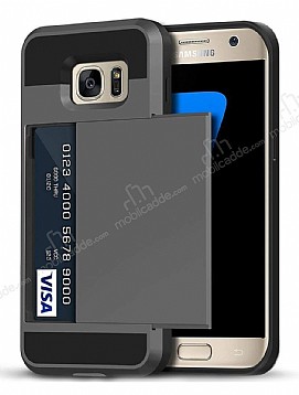 Eiroo Sliding Card Samsung Galaxy S7 Edge Ultra Koruma Dark Silver Klf