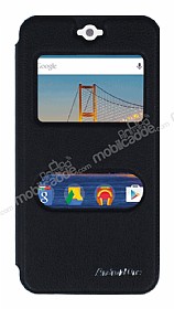 Eiroo Slim Craft General Mobile Android One Pencereli Standl Siyah Deri Klf