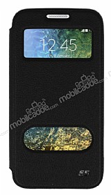 Eiroo Slim Craft Samsung Galaxy E5 Pencereli Standl Siyah Deri Klf