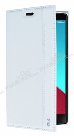 LG G4 Gizli Mknatsl Yan Kapakl Beyaz Deri Klf