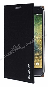 Samsung Galaxy E7 Snake Gizli Mknatsl Yan Kapakl Siyah Deri Klf