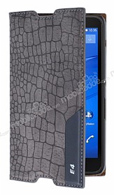 Sony Xperia E4 Snake Gizli Mknatsl Yan Kapakl Gri Deri Klf