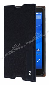 Sony Xperia E4 Snake Gizli Mknatsl Yan Kapakl Siyah Deri Klf