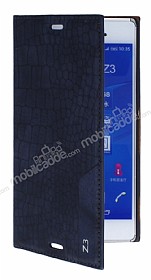 Sony Xperia Z3 Snake Gizli Mknatsl Yan Kapakl Lacivert Deri Klf
