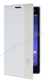Sony Xperia C3 Gizli Mknatsl Standl Beyaz Deri Klf