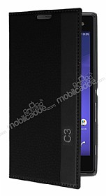 Sony Xperia C3 Gizli Mknatsl Standl Siyah Deri Klf