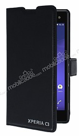 Eiroo Sony Xperia C3 Standl Czdanl Siyah Deri Klf