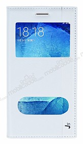 Samsung Galaxy J5 Gizli Mknatsl ift Pencereli Beyaz Deri Klf