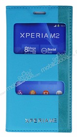 Sony Xperia M2 Gizli Mknatsl ift Pencereli Mavi Deri Klf