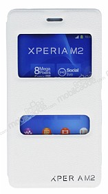 Eiroo Sony Xperia M2 Vantuzlu Pencereli Beyaz Deri Klf