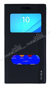 Sony Xperia M4 Aqua Gizli Mknatsl ift Pencereli Siyah Deri Klf