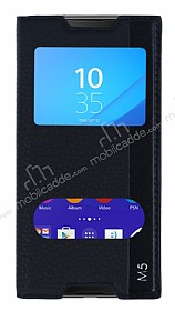 Sony Xperia M5 Gizli Mknatsl ift Pencereli Siyah Deri Klf