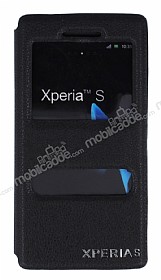 Eiroo Sony Xperia S Vantuzlu Pencereli Siyah Deri Klf