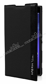 Sony Xperia T2 Ultra Gizli Mknatsl nce Yan Kapakl Siyah Deri Klf