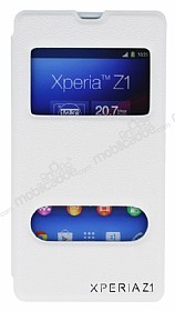 Eiroo Sony Xperia Z1 Vantuzlu Pencereli Beyaz Deri Klf