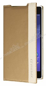 Sony Xperia Z2 Gizli Mknatsl nce Yan Kapakl Gold Deri Klf