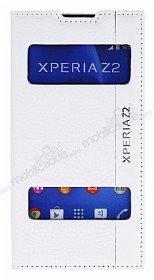 Sony Xperia Z2 Gizli Mknatsl Pencereli Beyaz Deri Klf