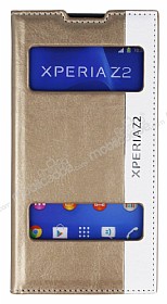 Sony Xperia Z2 Gizli Mknatsl Pencereli Gold Deri Klf