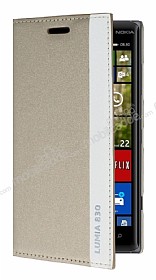 Nokia Lumia 830 Gizli Mknatsl Yan Kapakl Gold Deri Klf