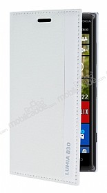 Nokia Lumia 830 Gizli Mknatsl Yan Kapakl Beyaz Deri Klf