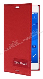 Sony Xperia Z3 Gizli Mknatsl Yan Kapakl Krmz Deri Klf