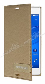 Sony Xperia Z3 Gizli Mknatsl Yan Kapakl Gold Deri Klf