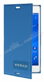 Sony Xperia Z3 Gizli Mknatsl Yan Kapakl Mavi Deri Klf